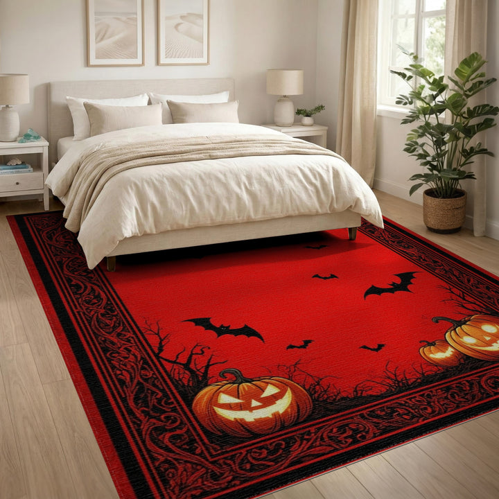Spooky Red Halloween Pumpkins Area Rug