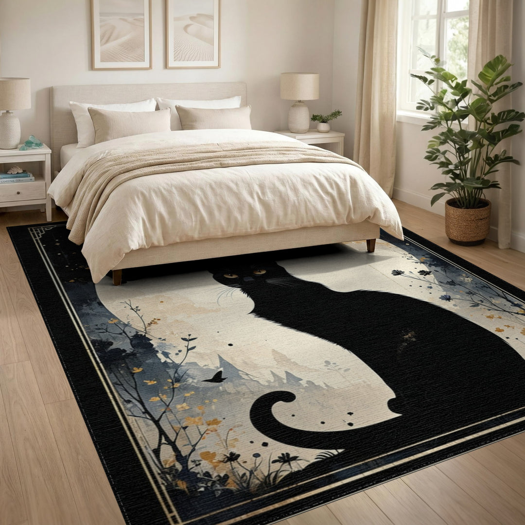 Distressed Vintage Black Cat Moon Silhouette Area Rug