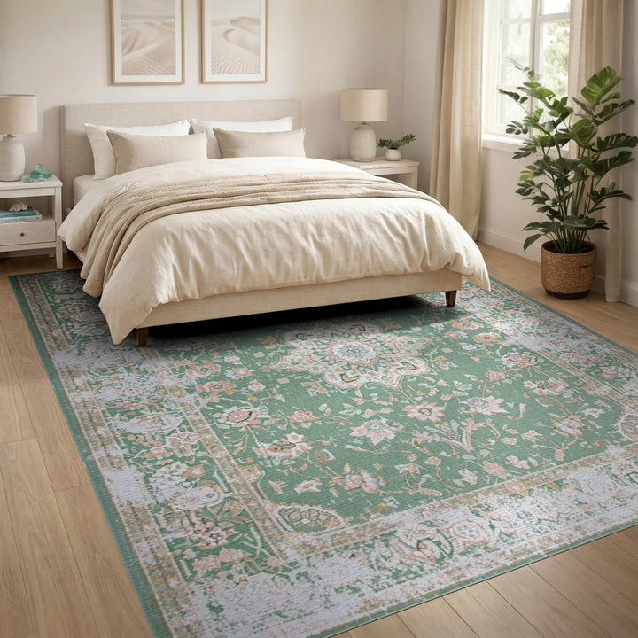 Green Distressed Green Floral Vintage Area Rug