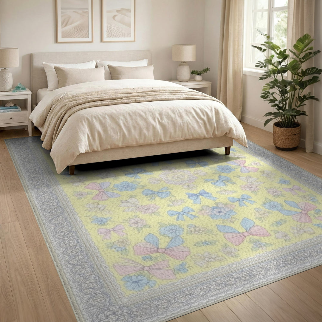 Pastel Bow Floral Yellow Area Rug