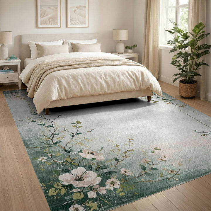 Sage Green Floral Vintage Area Rug