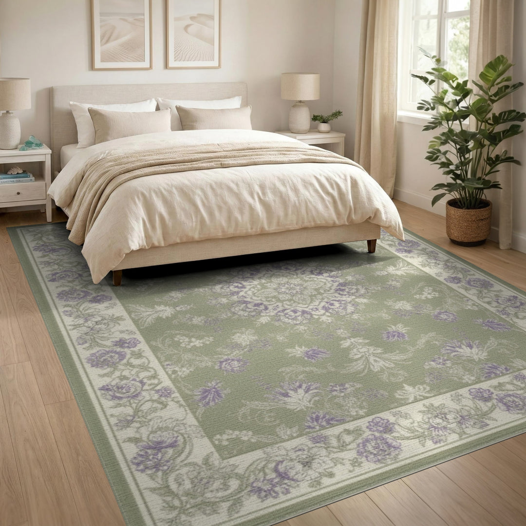 Washable Green Floral Vintage Washable Area Rug