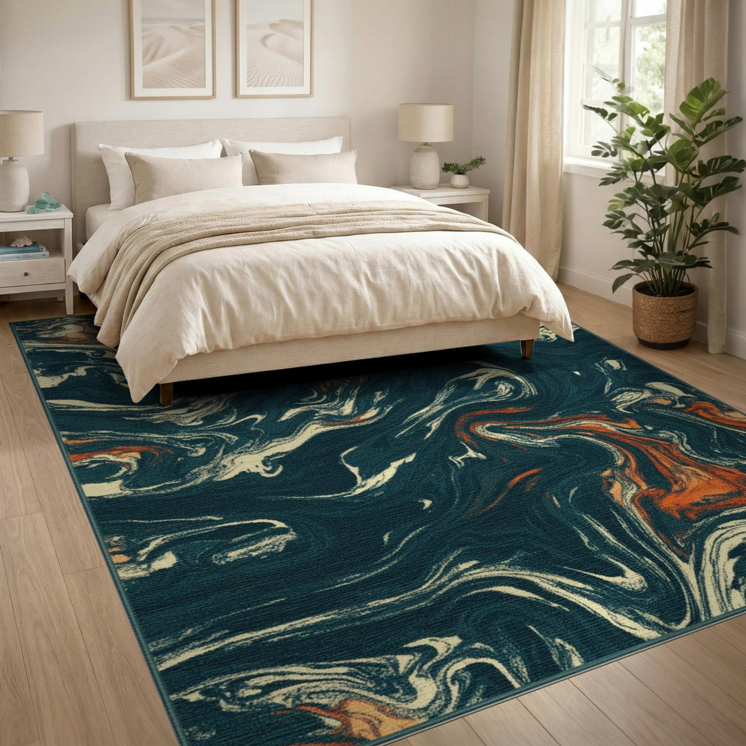 Blue Teal Swirl Abstract Area Rug