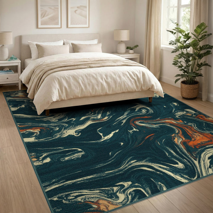 Blue Teal Swirl Abstract Area Rug