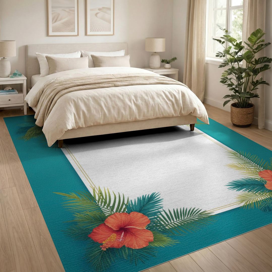 Hibiscus Palm Teal Border Area Rug