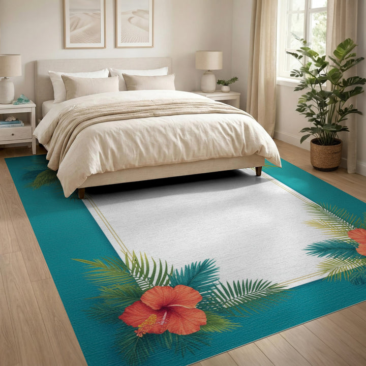 Hibiscus Palm Teal Border Area Rug