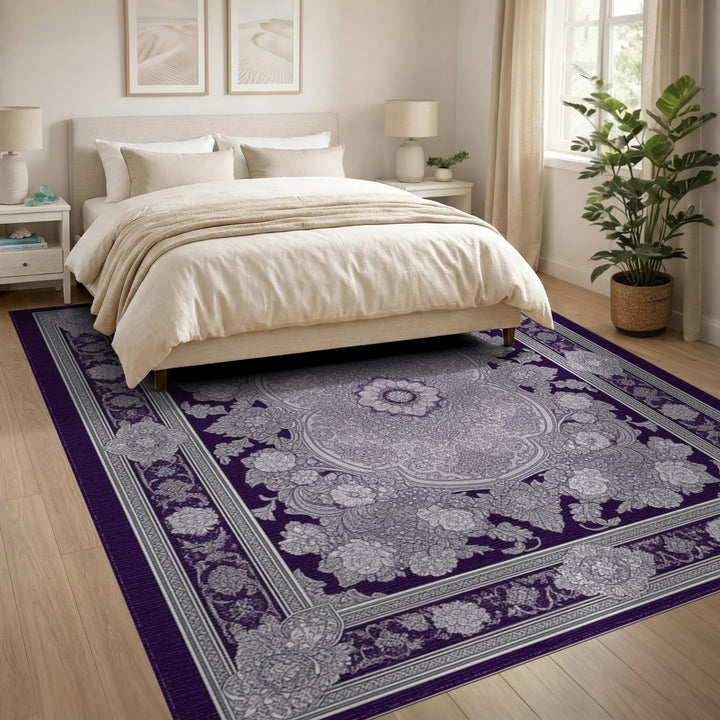 Purple Floral Medallion Persian Traditional Persian Area Rug