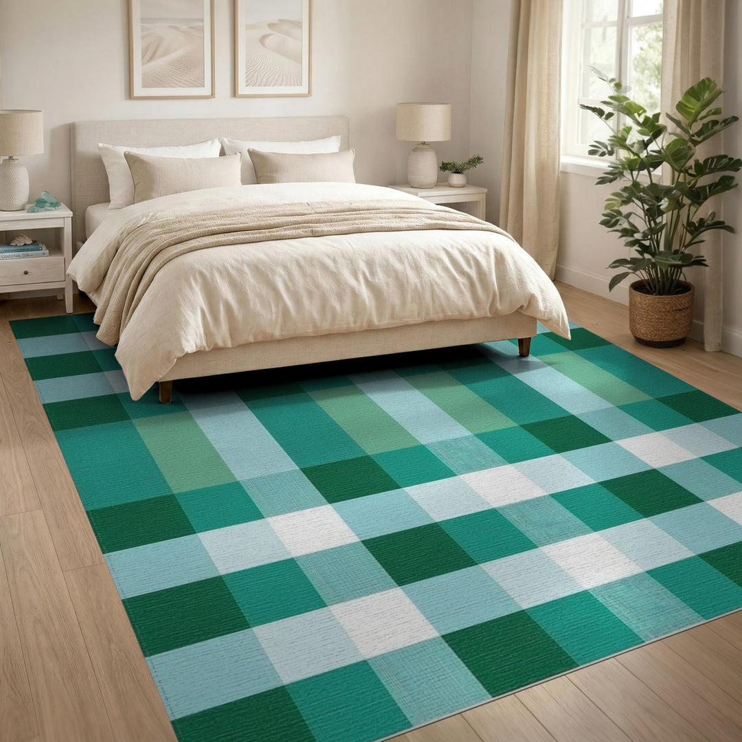 Green Checkered Washable Geometric Modern Area Rug