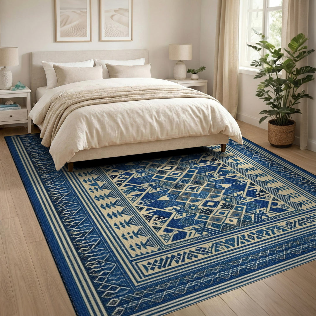 Blue Geometric Tribal Area Rug