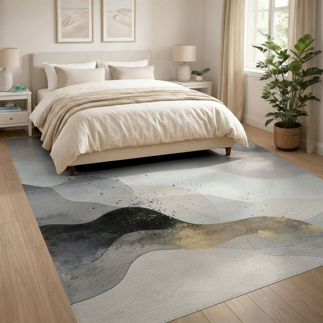 Grey Abstract Flow Area Rug with Gold Accents