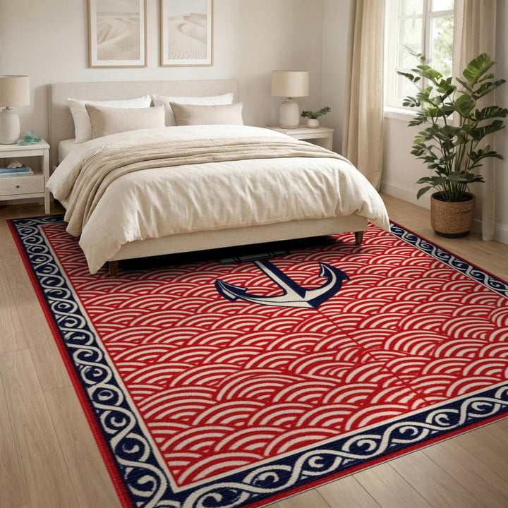 Coastal Beach Red Anchor Nautical Area Rug