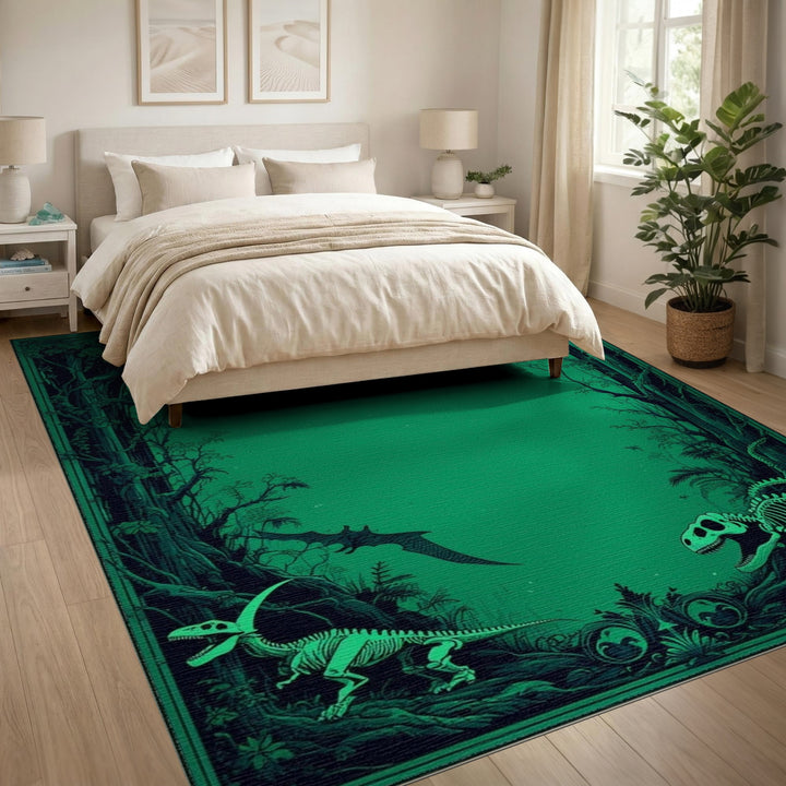 Green Dinosaur Skeleton Jungle Washable Area Rug