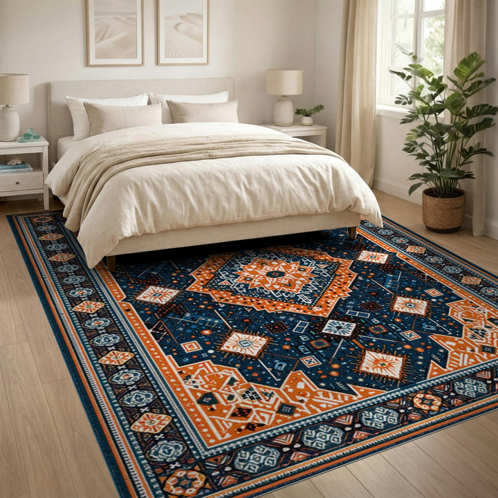 Navy Orange Geometric Area Rug