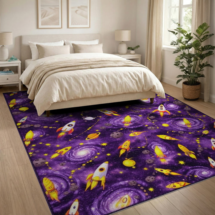 Purple Cosmic Rockets Kids Area Rug