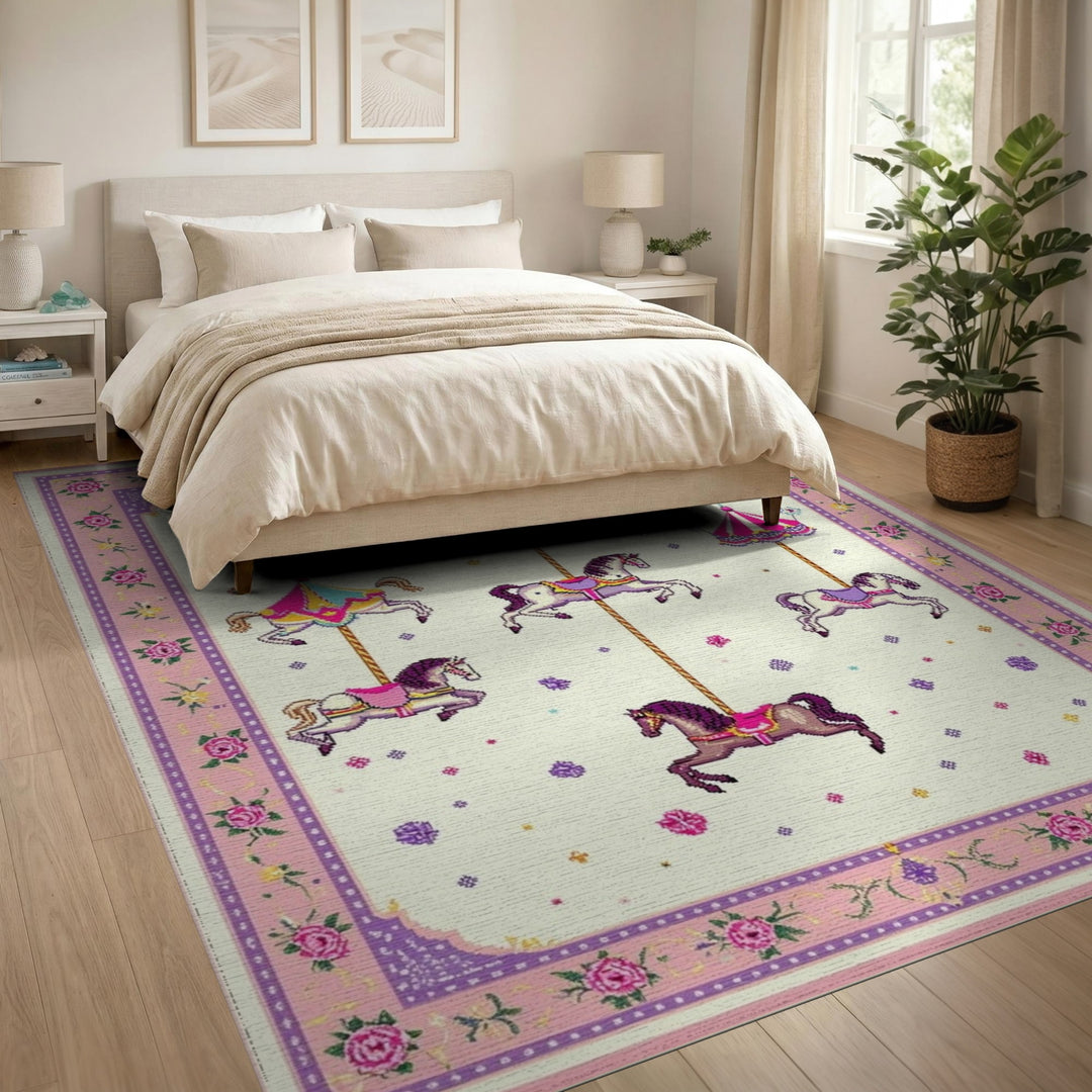 Kids Cartoon Pink Carousel Horse Kids Area Rug