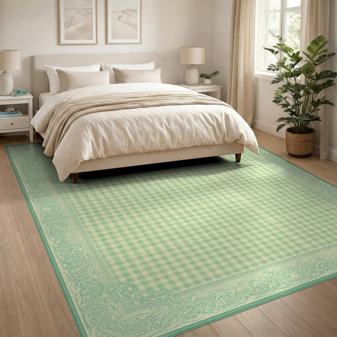 Green Gingham Checkered Area Rug with Ornate Border