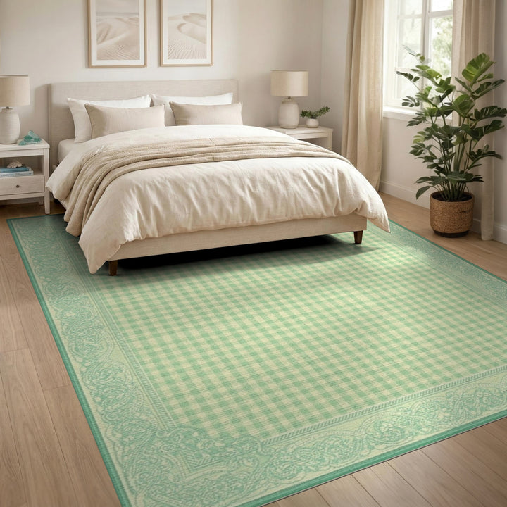 Green Gingham Checkered Area Rug with Ornate Border