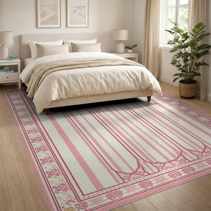 Pink Striped Floral Vintage Area Rug