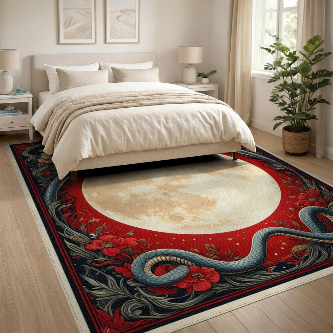 Celestial Serpent Moon Red Area Rug