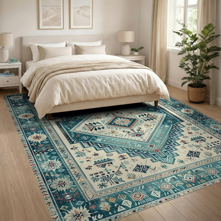 Blue and Teal Heritage Tribal Diamond Area Rug