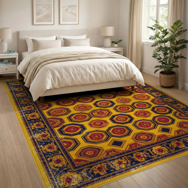Yellow Geometric Octagon Distressed Area Rug