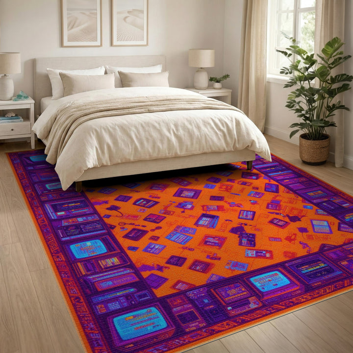 Orange Retro Tech Washable Area Rug