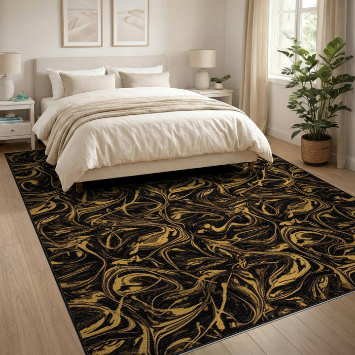 Abstract Area Black and Gold Abstract Swirl Area Rug