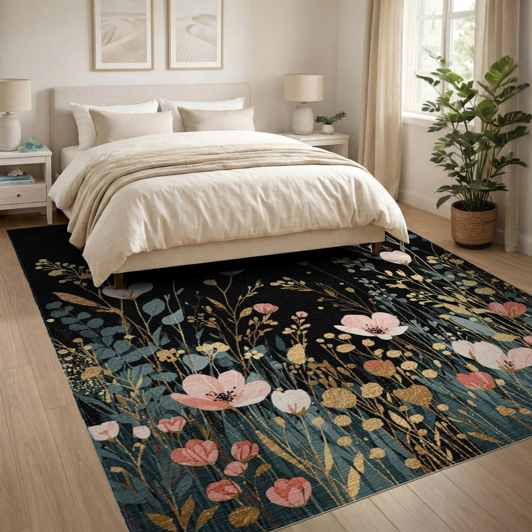 Pink Floral Gold Washable Area Rug