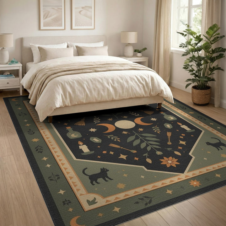 Mystic Cat Moon Green Area Rug