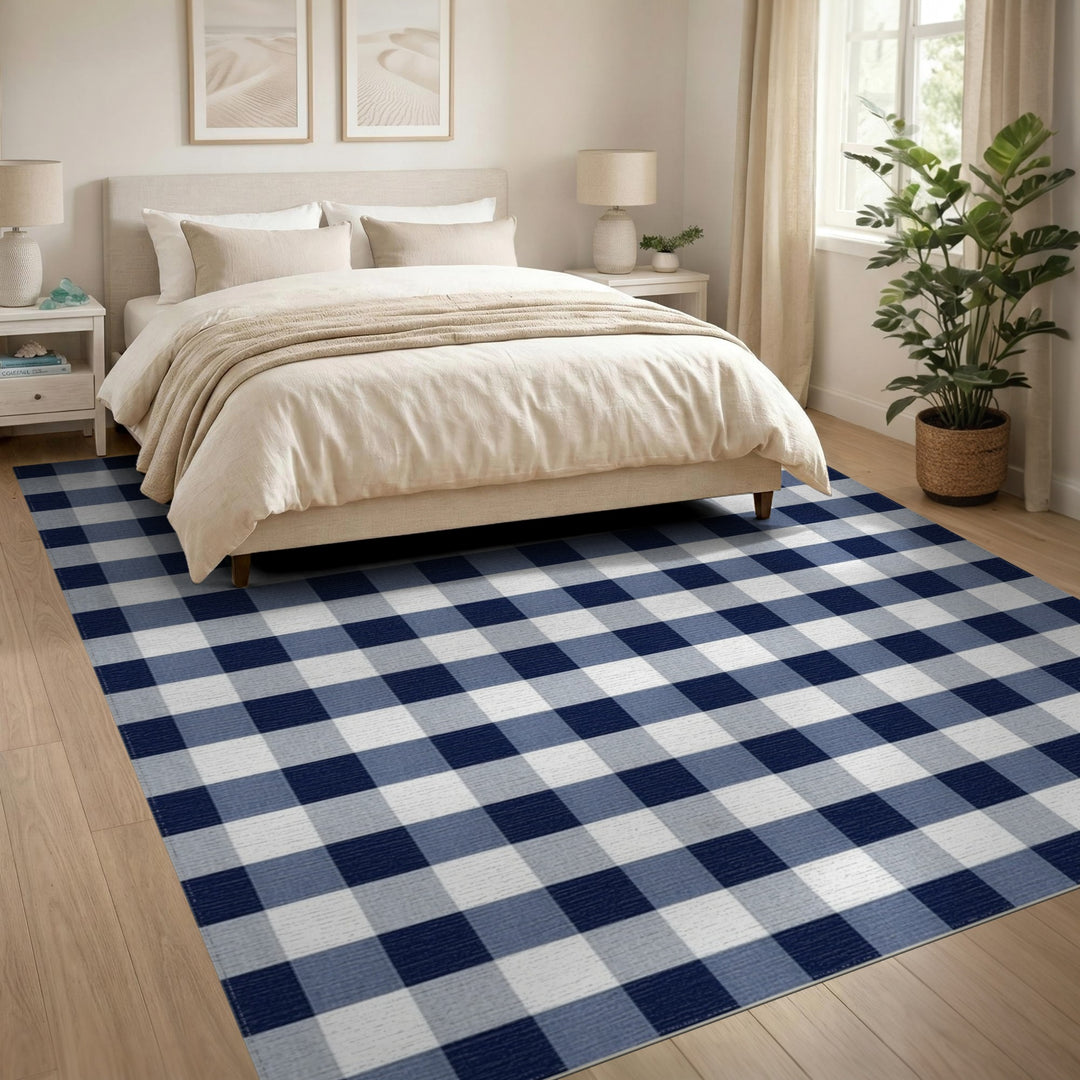 Geometric Modern Navy Blue Gingham Check Area Rug