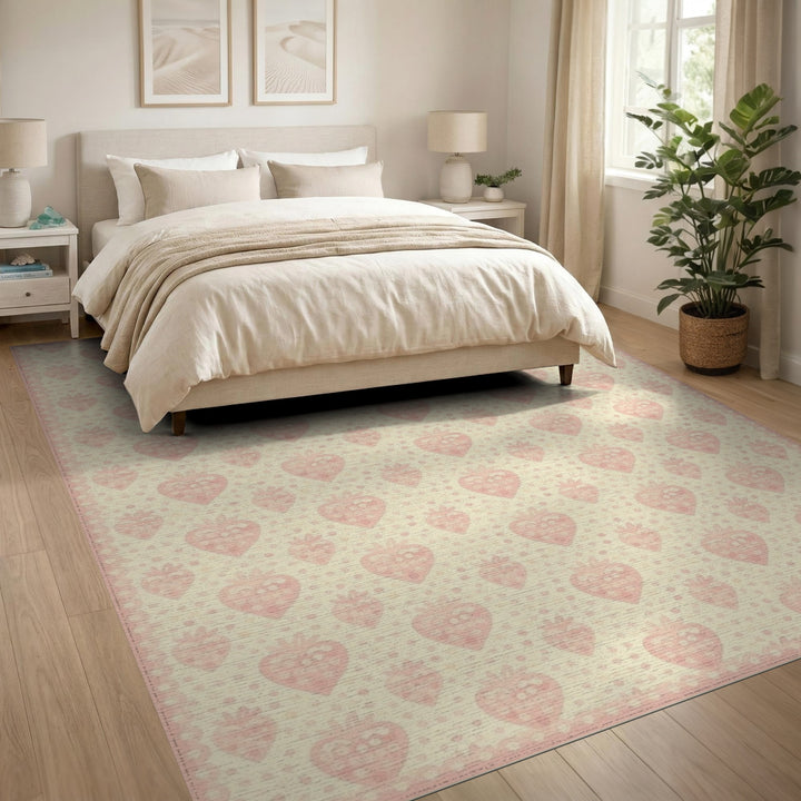 Pink Heart Strawberry Washable Area Rug