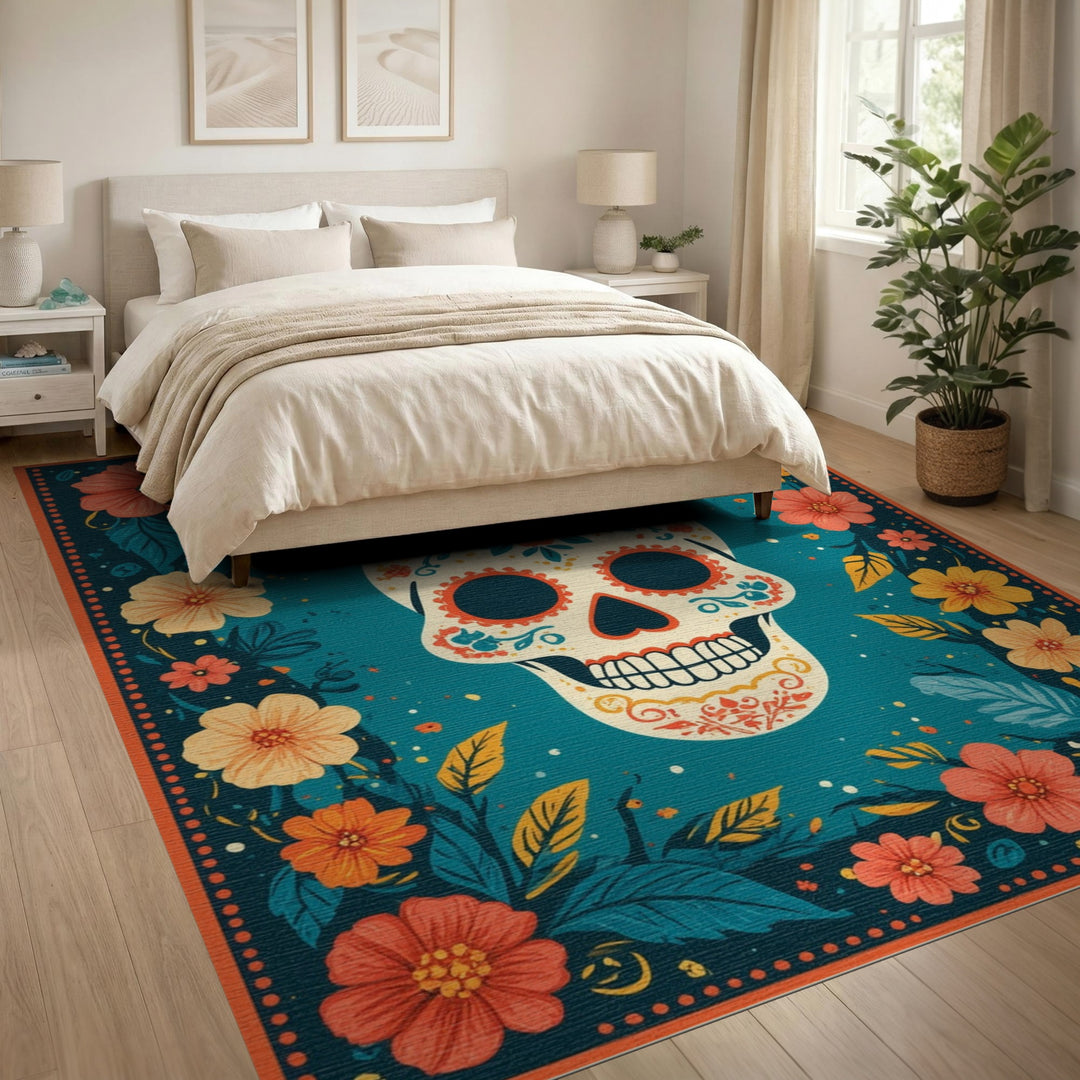 Vibrant Floral Skull Washable Area Rug