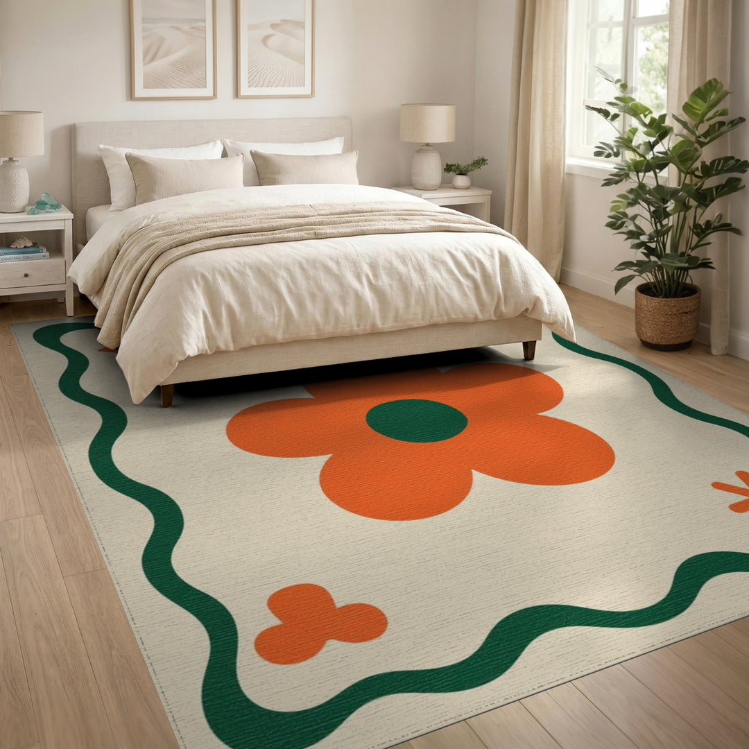 Beige Orange Daisy Floral Area Rug