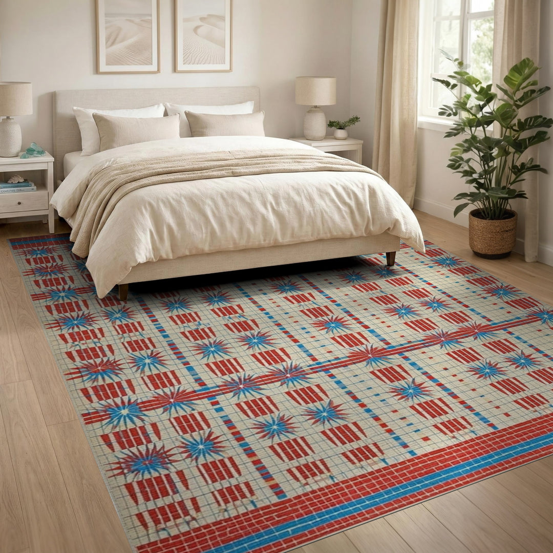 Geometric Modern Red Blue Starburst Geometric Area Rug