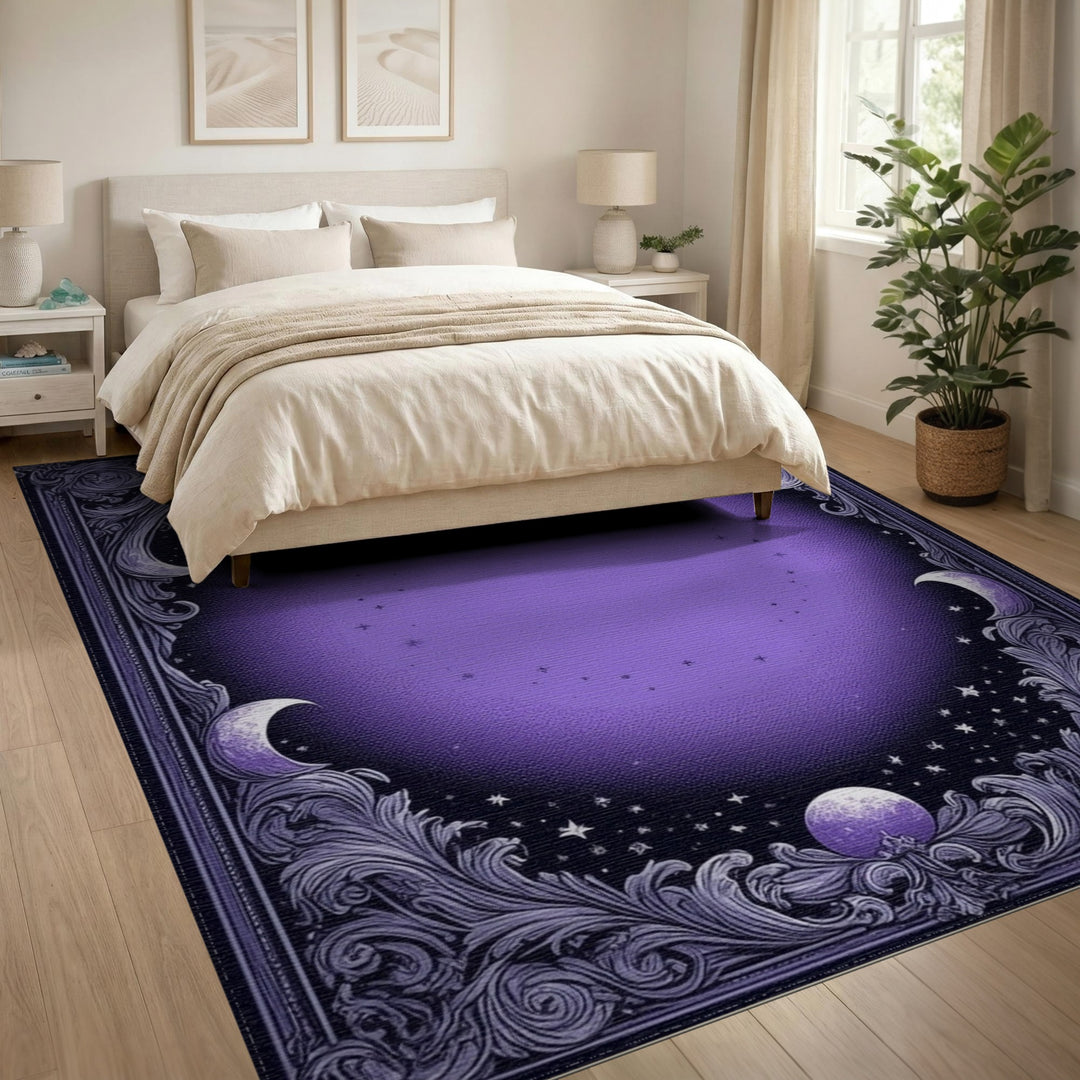 Celestial Purple Moon and Stars Area Rug