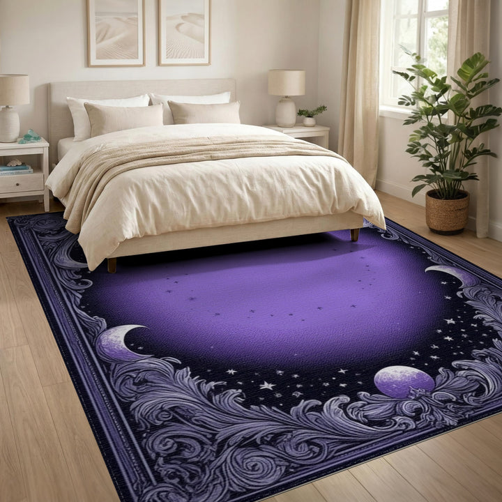 Celestial Purple Moon and Stars Area Rug