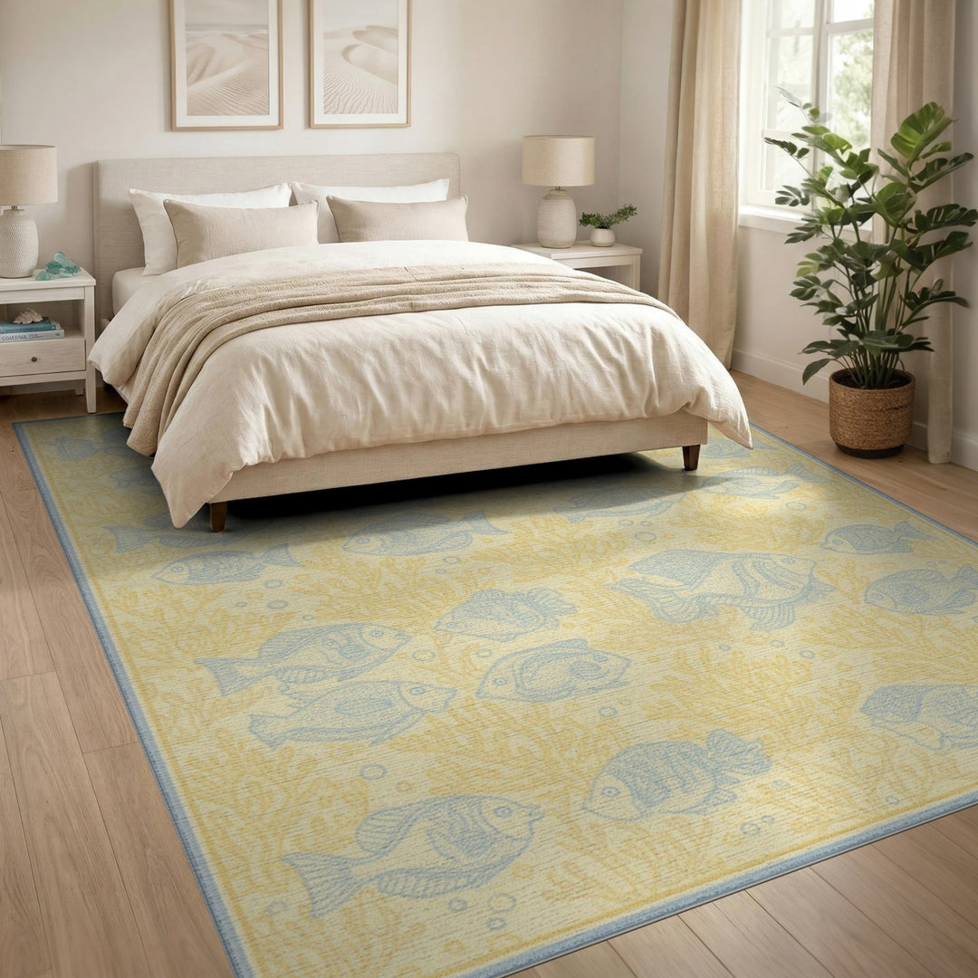 Coastal Beach Blue Fish Coastal Area Rug