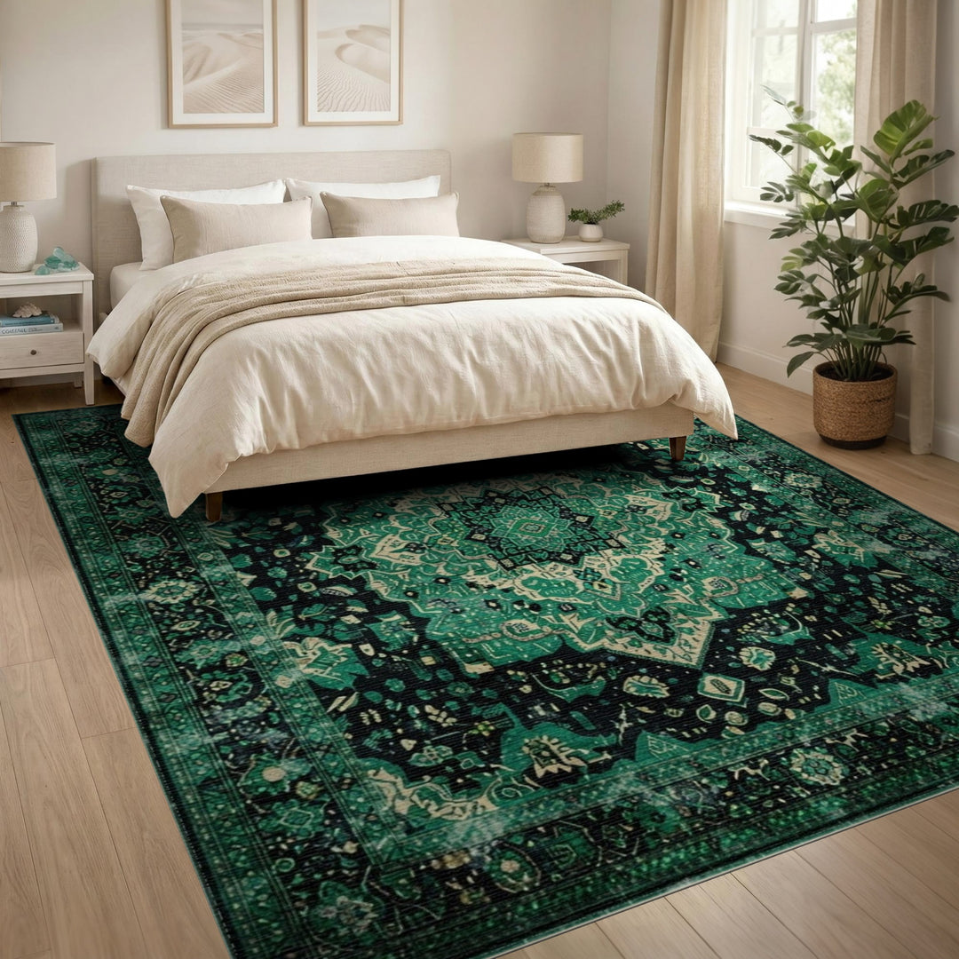 Green Distressed Persian Medallion Area Rug