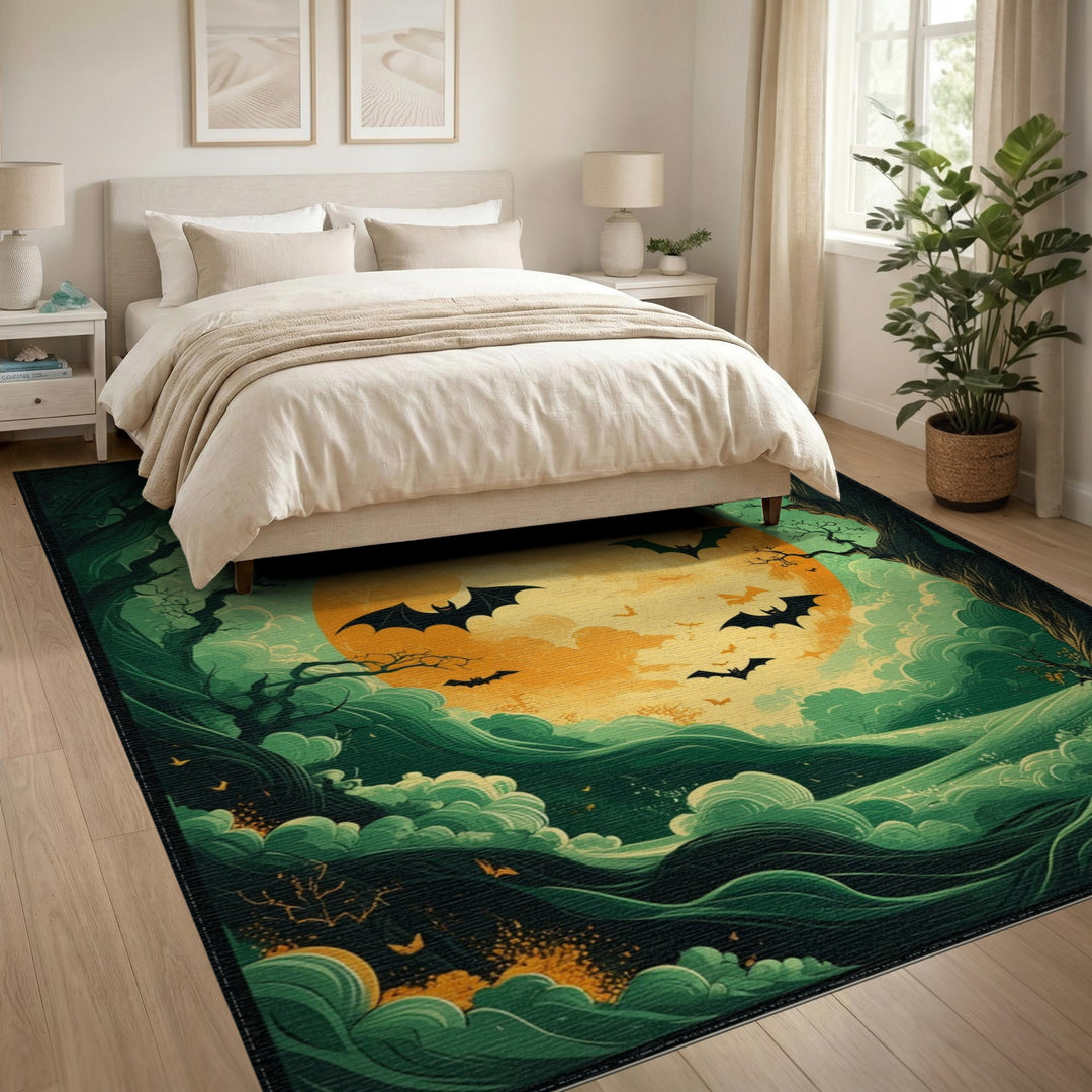Bats Over Glowing Moon Green Area Rug
