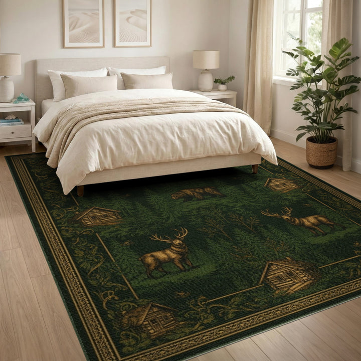 Rustic Forest Elk Bear Cabin Area Rug