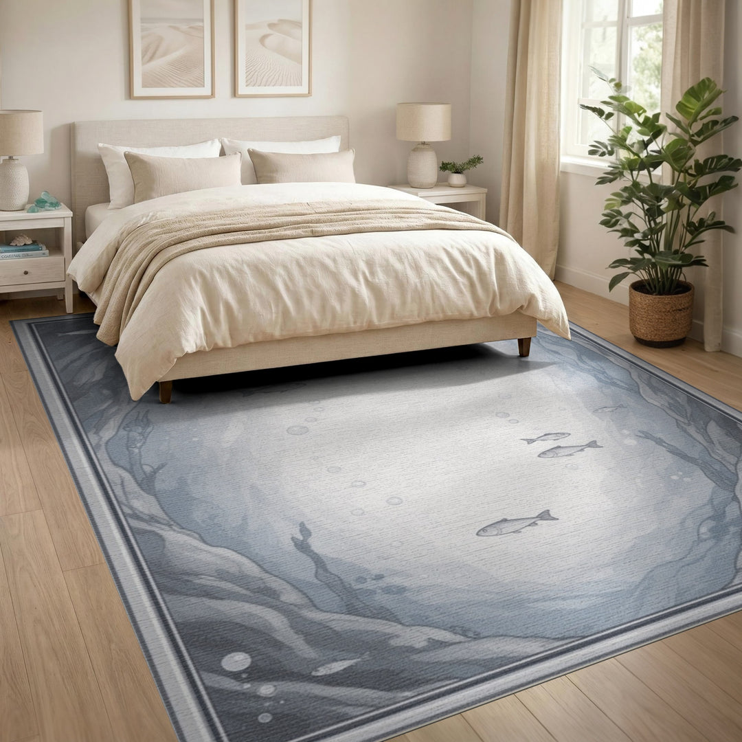 Blue Teal Fish Grotto Washable Area Rug