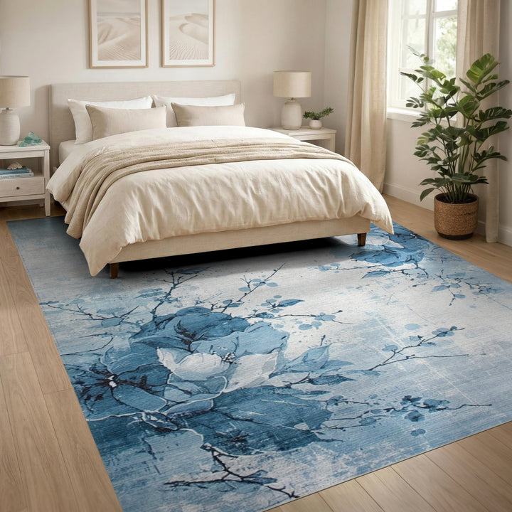 Blue Floral Vintage Washable Area Rug