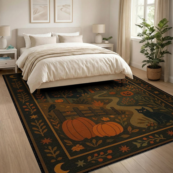Washable Rustic Farmhouse Pumpkin Cat Area Rug