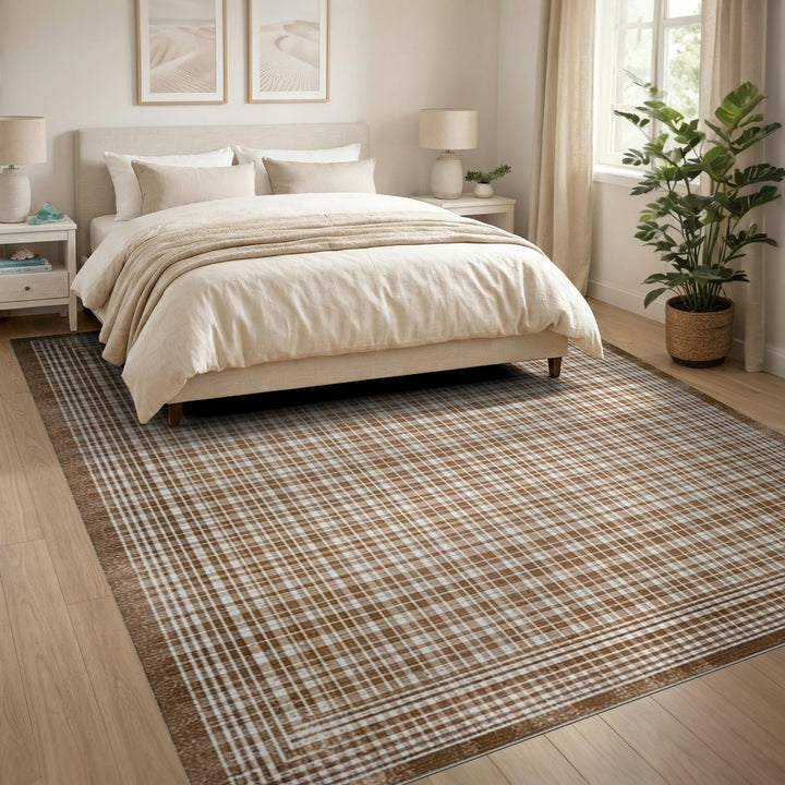 Vintage Brown Gingham Checkered Area Rug