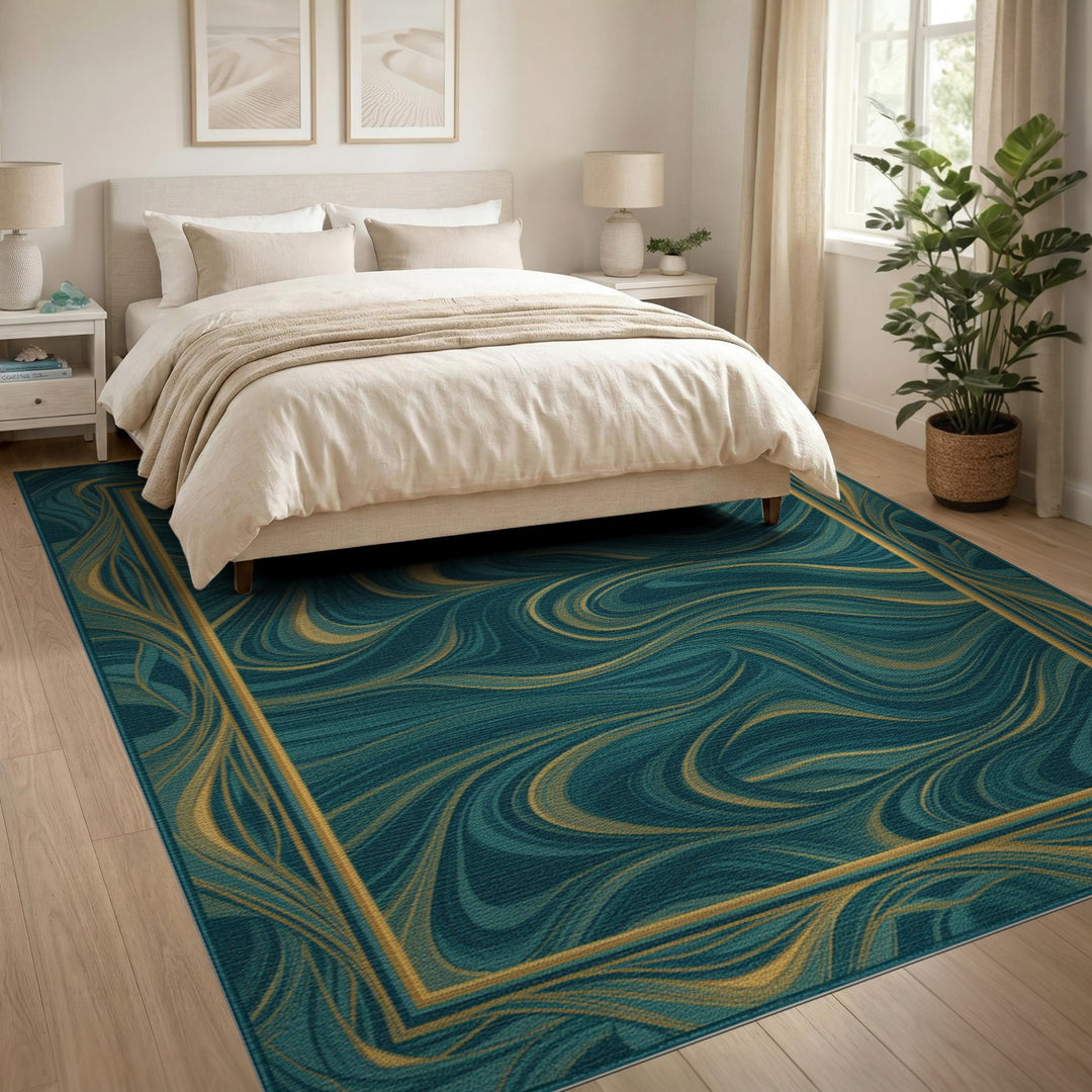 Abstract Area Blue and Teal Gold Swirl Abstract Area Rug
