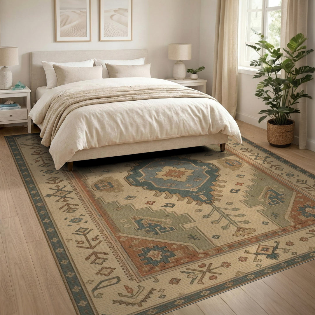 Blue Teal Heritage Tribal Area Rug