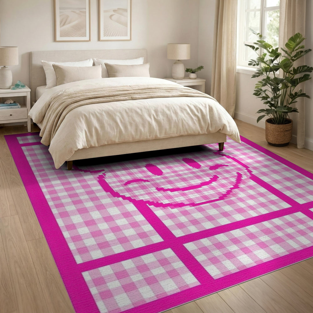 Pink Devil Smiley Checkered Kids Area Rug