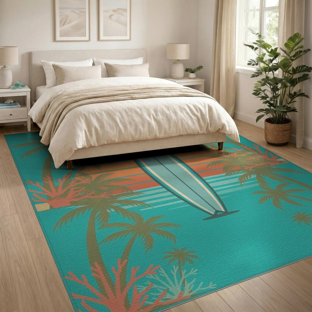 Blue and Teal Retro Surfboard Coastal Area Rug