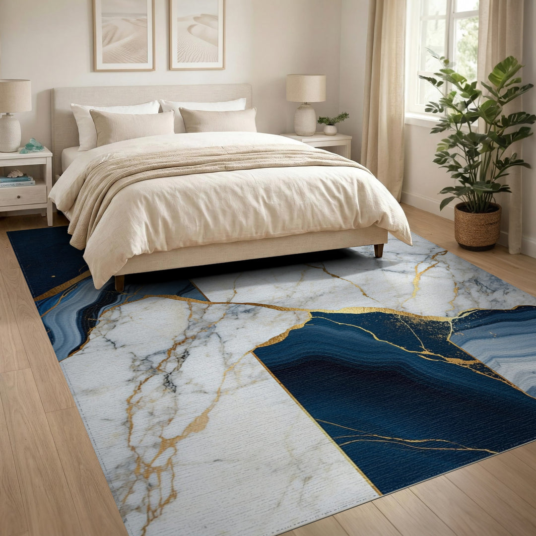 Navy Marble Gold Vein Area Rug