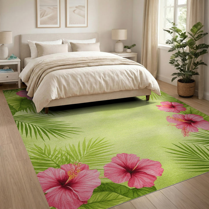 Pink Hibiscus Palm Leaf Washable Area Rug